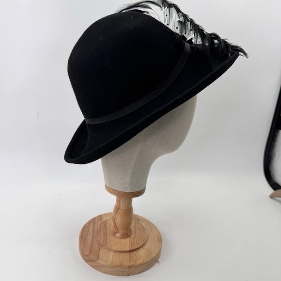 Vintage Wool Felt Wide Brim Hat Beaded Feather Cocktail Formal Derby Church Bow main image 8